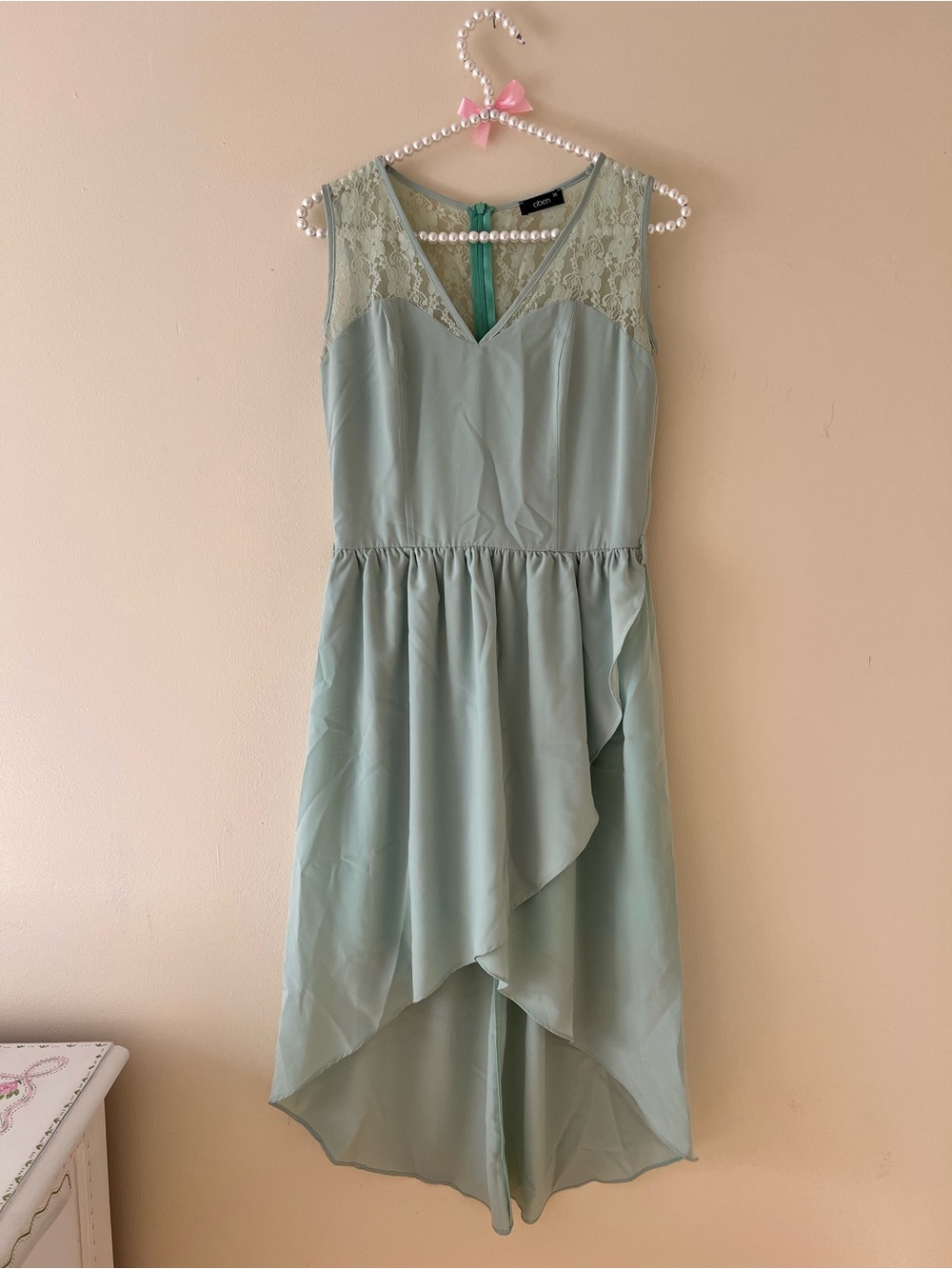Chiffon Lace V-Neck High-Low Dress in Sage